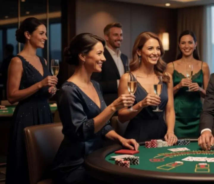 Stylově oblečení hosté u blackjack stolu v elegantním prostředí