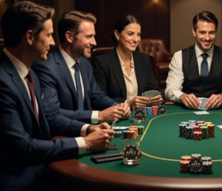 Detail pokerového stolu během firemního večírku s usmívajícími se kolegy