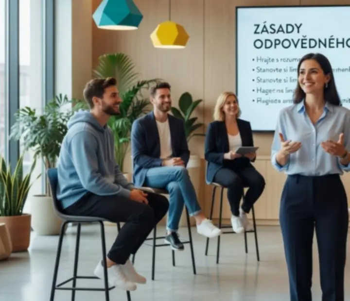 Detailní pohled na edukační materiály o odpovědném hraní v elegantním prostředí eventu.