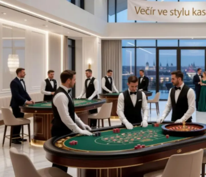 Elegantní večerní event s hosty u stolových her v prémiovém prostředí