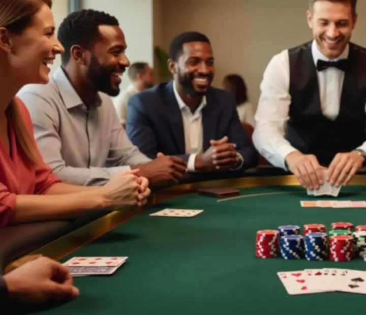 Skupina hostů u pokerového stolu během elegantního večerního eventu