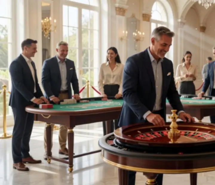 Detail elegantního prostředí eventu s hosty u stolových her a prémiovými dekoracemi